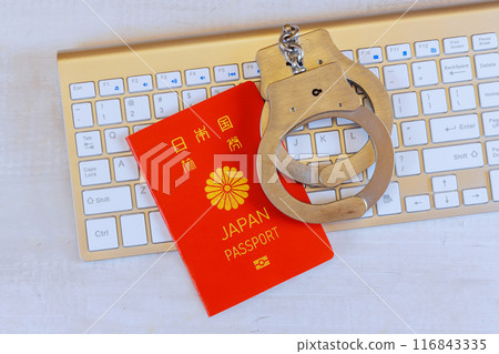 Police handcuff for law on Japan passports using hacker computer technology of criminal 116843335