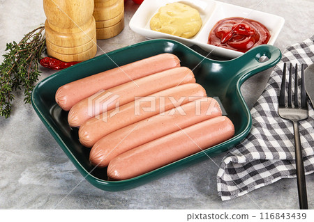 Boiled sausages with ketchup and mustard Boiled sausages with ketchup and mustard 116843439