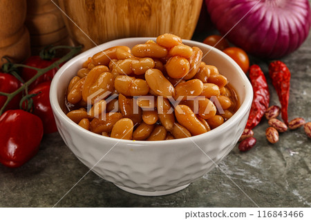 Canned beans in tomato sauce 116843466