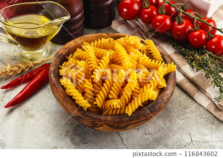 Italian dry pasta Fussili for bowl Italian dry pasta Fussili for bowl 116843602