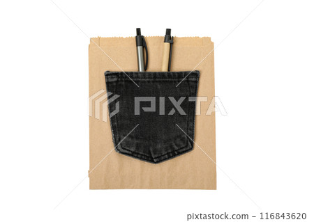 PNG, Paper bag and denim pocket with pens, isolated on white background 116843620
