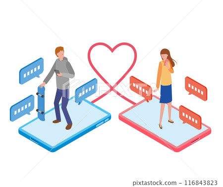 Illustration of a couple connected through a matching app Illustration of a couple connected through a matching app 116843823
