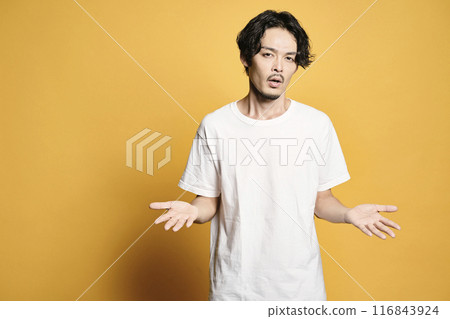 一個拿著彩色袋子擺姿勢的男人 一個拿著彩色袋子擺姿勢的男人 116843924