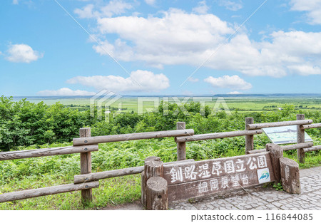 從北海道釧路町細岡展望台看夏天的釧路濕原國立公園 從北海道釧路町細岡展望台看夏天的釧路濕原國立公園 116844085