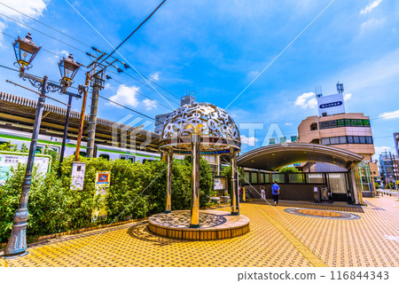 Tokyo cityscape, Japan, July. View of JR Yokohama Line Naruse Station in Machida City, trains, and the Rose Square at the south exit of Naruse Station, July 21st 116844343