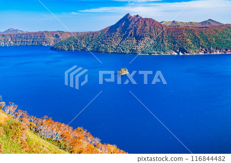 北海道摩週湖的紅葉～藍色的摩週湖面和色彩繽紛的紅葉～ 116844482