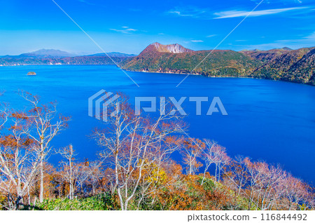 Hokkaido: Lake Mashu in autumn - The Mashu blue lake surface and the colorful autumn leaves 116844492