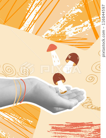 Autumn collage background. Hand catching mushrooms on abstract hand drawn shapes cover. Template for Autumn collage background. Hand catching mushrooms on abstract hand drawn shapes cover. Template for 116844597