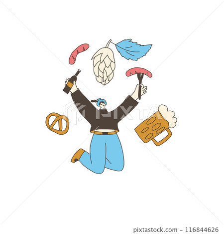 Oktoberfest character. Beer festival happy person. Vector hand drawn illustration isolated on white Oktoberfest character. Beer festival happy person. Vector hand drawn illustration isolated on white 116844626