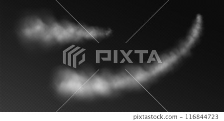 Smoke trails, airplane condensation trails, contrails left by a rocket or a jet, steam lines from fast motion of a plane 116844723
