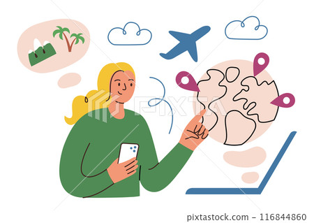 Choosing travel destination, vector illustration in flat cartoon style. Woman using laptop and smartphone to choose and book vacation spots. Ideal for tourism agencies. Travel apps and trip planning 116844860