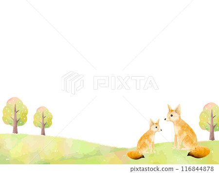 Picture book style frame background illustration of a parent and child fox in a field 116844878