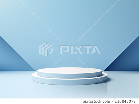 Minimalist 3D White Podium on Blue Background, Ideal for Modern Product Display Mockup in Showroom Showcase Minimalist 3D White Podium on Blue Background, Ideal for Modern Product Display Mockup in Showroom Showcase 116845072