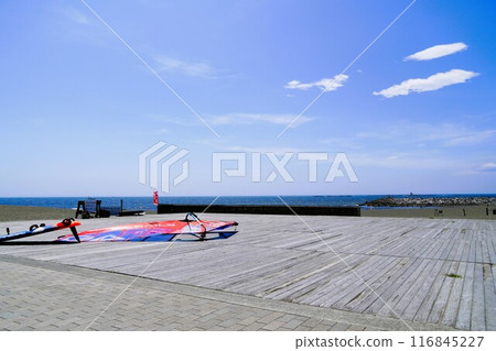 Chigasaki Coast wooden deck under blue sky Summer scenery 116845227