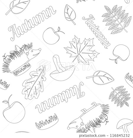 Fun and educational fall-themed coloring page featuring leaves, hedgehogs, apples, and mushrooms. Perfect for children and adults alike. 116845232