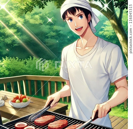 Man grilling meat on a BBQ 116845315