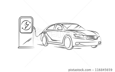 Electric car line with charging stations by sketch in concept of green. renewable energy and eco power produced from sustainable source. EV plugin station. technology electric car. vector design. 116845659