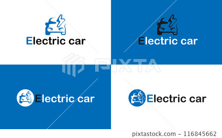 Electric car logo with charging stations by sketch in concept of blue. renewable energy and eco power produced from sustainable source. EV plugin station. technology electric car. vector design. 116845662