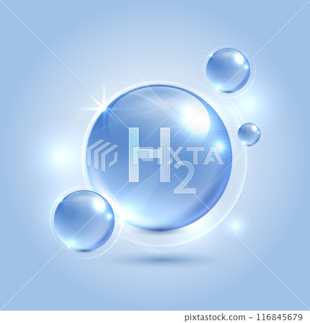 Hydrogen H2 production. renewable energy source. renewable Eco energy. hydrogen energy powered by renewable electricity with water molecule in transparent style. vector design. 116845679