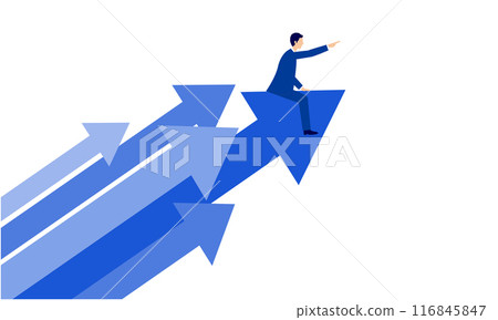 Business growth and leadership illustration: businessman and evolving arrow pointing to the future, vector Business growth and leadership illustration: businessman and evolving arrow pointing to the future, vector 116845847