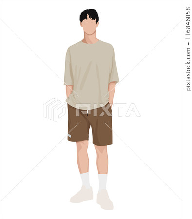 Vector illustration of a man in a beige t-shirt and brown shorts. Casual summer style 116846058