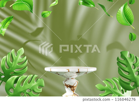 3d stone marble podium display with tea leaves and palm leaf shadow on green wall background in tropical garden. Nature scene, pedestal mockup for natural eco cosmetic beauty product. 3D illustration 3d stone marble podium display with tea leaves and palm leaf shadow on green wall background in tropical garden. Nature scene, pedestal mockup for natural eco cosmetic beauty product. 3D illustration 116846276