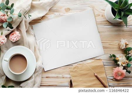 Flat lay white sheet of paper sits on a wooden table with a cup of coffee and flowers 116846422