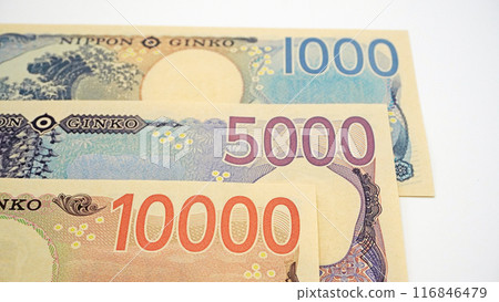 The backs of the new banknotes (10,000 yen, 5,000 yen, and 1,000 yen notes) 116846479