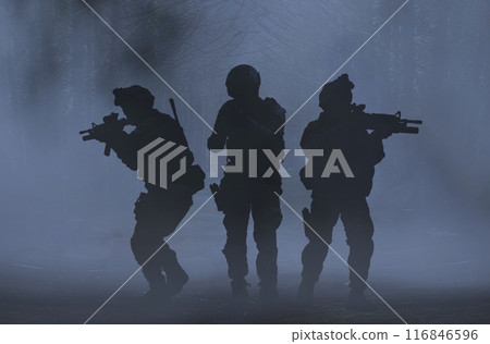Silhouette of the fully equipped military operation moving through foggy forest with automatic assault rifle Silhouette of the fully equipped military operation moving through foggy forest with automatic assault rifle 116846596