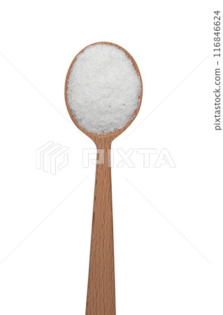 salt in wooden spoon isolated on white background 116846624