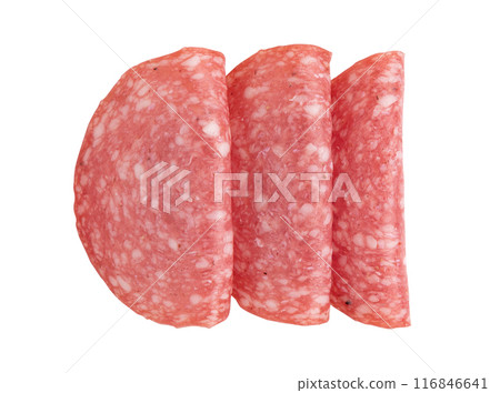 salami sausage cut into pieces isolated on white salami sausage cut into pieces isolated on white 116846641