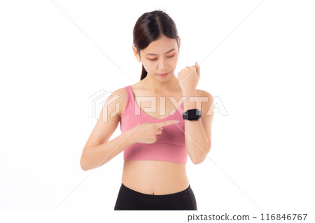 Happy young asian woman looking and pointing smartwatch for exercise and aerobics with cardio. Happy young asian woman looking and pointing smartwatch for exercise and aerobics with cardio. 116846767