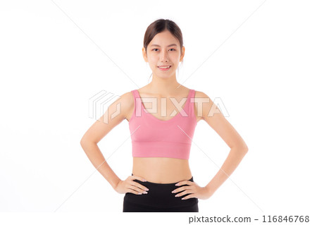 Portrait of beautiful young asian woman in sportswear smile and showing waist and abs isolated. 116846768