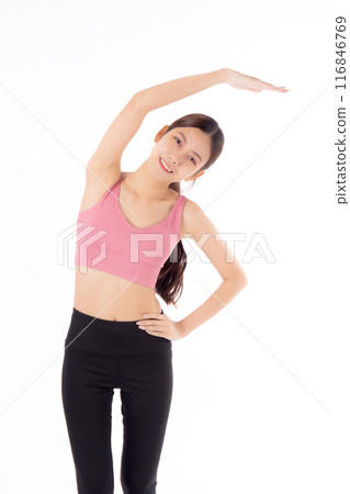 Portrait beautiful young asian woman stretching hands or arms for exercise yoga and relax isolated. Portrait beautiful young asian woman stretching hands or arms for exercise yoga and relax isolated. 116846769