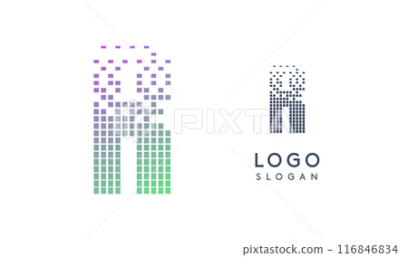 Pixelated Letter R transitioning into scattered pixels with gradient colors creating modern, digital effect like equalizer. Abstract logo for tech software and digital media. Vector illustration. 116846834