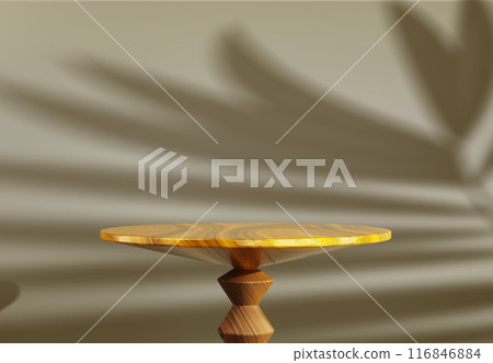 Natural wooden circle table 3d pedestal podium with palm leaf shadow on beige wall background. Tropical product promotion beauty cosmetics, wood round desk display in interior room. 3D illustration 116846884