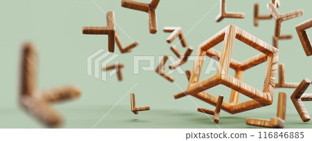 Abstract 3d green background wallpaper with wooden wireframe cube and flying pieces of broken block. Falling square box grid shape with nature wood texture. Virtual reality banner. 3D illustration 116846885