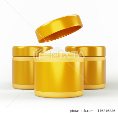 3d golden cream jars, cosmetic package for face or skin care render. Luxury closed and open gold plastic containers with white beauty product, hair mask or body scrub, banner mock up. 3D illustration 116846886