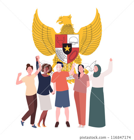 young youth diverse happy standing in front of Pancasila symbol unity in diversity Indonesia national symbol young youth diverse happy standing in front of Pancasila symbol unity in diversity Indonesia national symbol 116847174