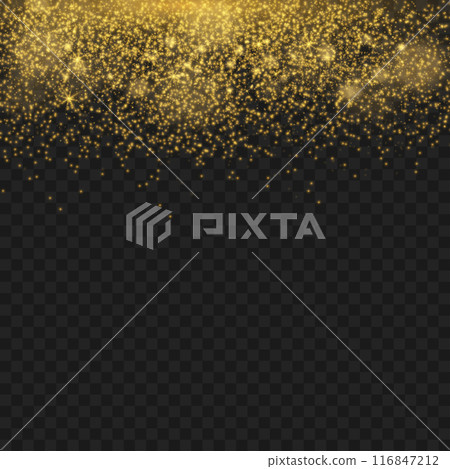 Golden sparkles cascading down, creating a festive effect on transparent background. Vector 116847212