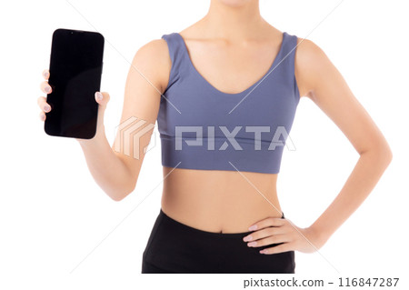 Closeup hands young asian woman in sportswear workout holding and presenting blank screen smartphone Closeup hands young asian woman in sportswear workout holding and presenting blank screen smartphone 116847287