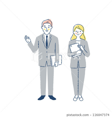 Male and female business people standing with smiles 116847374
