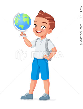 Smiling school boy holding a globe. Cartoon vector isolated illustration. 116847470