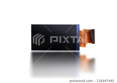 LCD screen isolated on white background with electronics circuit for smartphone or small appliances LCD screen isolated on white background with electronics circuit for smartphone or small appliances 116847492