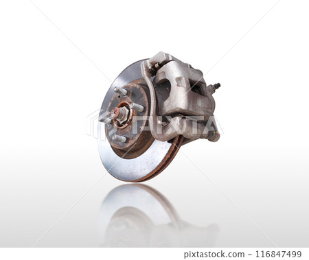Car brake rotor and caliper with brake pad , Old car brake isolated on white background Car brake rotor and caliper with brake pad , Old car brake isolated on white background 116847499
