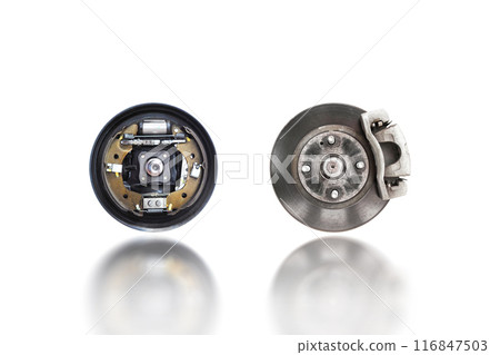 Car disc brake system and car drum brake system isolated on white background 116847503