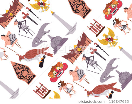 various culture of indonesia with borobudur temple bamboo instrument barong and puppet show traditional heritage 116847623