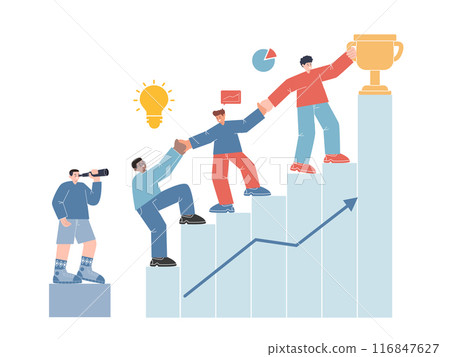 Company corporate teamwork reaching target climbing in chart arrow helping each other collaboration 116847627