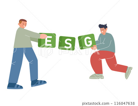 ESG environmental social governance two people holding big text symbol of team collaboration for company 116847638