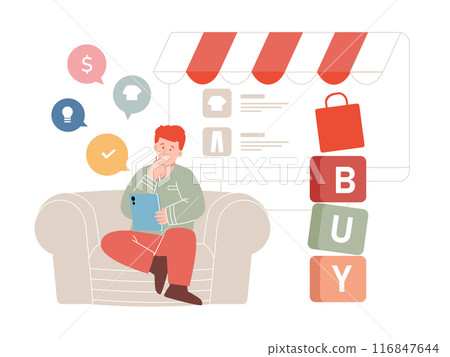 Man sit in sofa consider thinking buying shopping online e-commerce consumer storefront shopping in website from home Man sit in sofa consider thinking buying shopping online e-commerce consumer storefront shopping in website from home 116847644